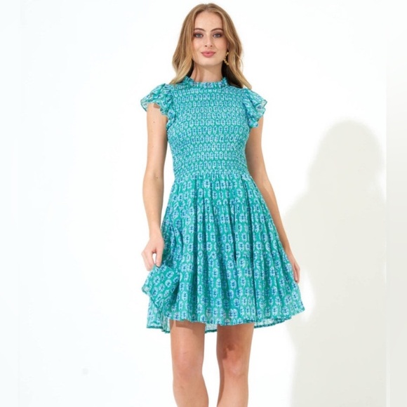 Oliphant Dresses & Skirts - OLIPHANT Dress Smocked Flirty Short Dress Lisbon Green Blue High Neck M